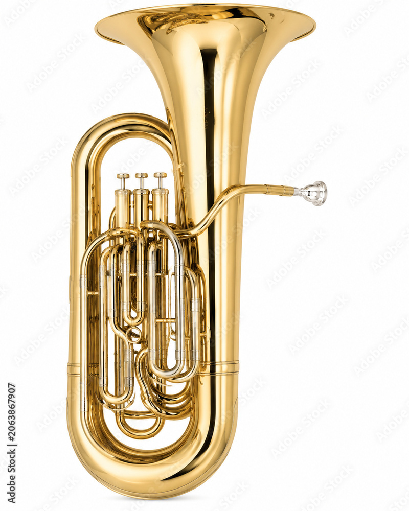 Obraz premium Polished brass tuba isolated on white background with shiny musical instrument details