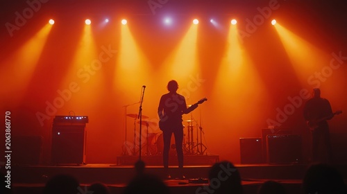 Musician performs on stage under bright spotlights during a rock concert.