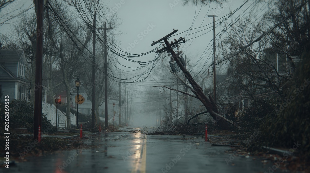 Fototapeta premium Storm aftermath on a rain-soaked road: downed tree across power lines and a transformer