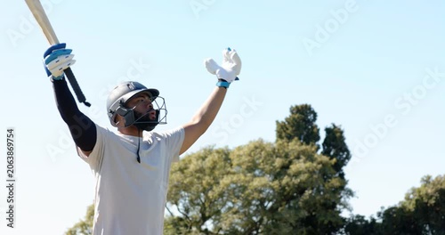 Diverse cricket teammates and coach celebrating win, bowler bowling, batsman driving on pitch