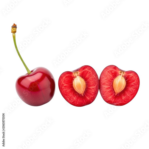 fresh ripe red cherry with stem and halved fruit isolated on transparent background