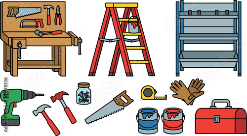 Carpentry workshop and home renovation vector icon set featuring a wooden workbench stepladder toolboxes and hand tools