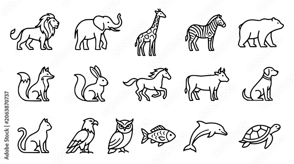 Obraz premium Minimalist wild and domestic animals linear icon set featuring various fauna mammals birds and marine life vectors