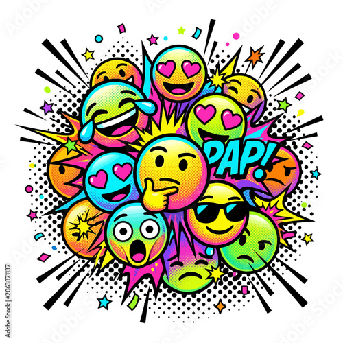 Colorful Pop Art Emoji Explosion with Comic Book Style Action Elements and Vibrant Gradient Faces