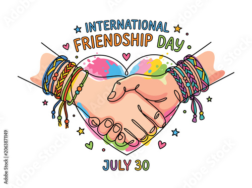 Colorful illustration of two hands shaking each other with friendship bracelets in a heart shape frame to celebrate the international day of global unity and kindness
