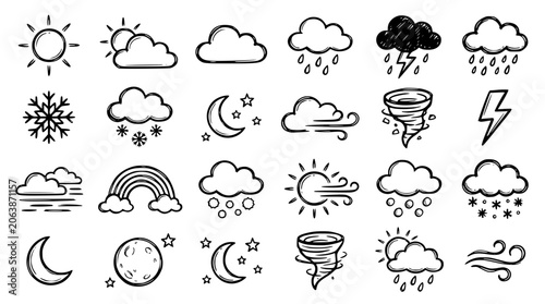 Fotografie Meteorology weather forecast line icon set featuring sunny sun cloudy storm rain