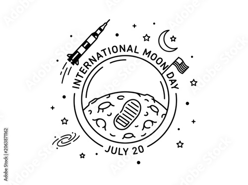 International Moon Day celebration on July 20th, a captivating line art illustration symbolizing space exploration with a rocket, lunar surface footprint, stars, and crescent moon