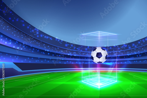 Creative futuristic sports background featuring a soccer ball hologram in a modern stadium with neon technology effects, glowing lights, and a digital football field. Perfect for sports banners,