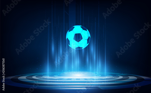 Soccer ball suspended above a high-tech circular platform illuminated by blue holographic beams. Ideal for football technology, AI sports analytics, virtual reality applications, gaming, smart stadium
