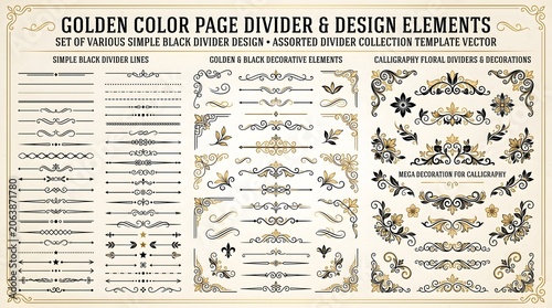 Golden color page divider and design elements mega set combining simple black lines, gold and black flourishes plus ornate calligraphic floral decorations, an extensive vector pack ideal for invitatio