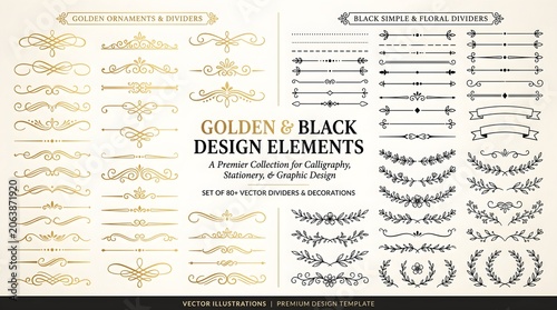 Golden and black design elements collection with elegant calligraphic dividers, floral wreaths, simple line rules and curved banners, a premium vector set for luxury invitations, certificates, wedding