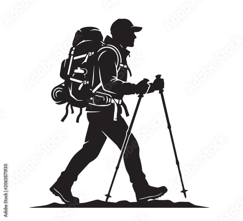 Striking vector silhouette illustration of an active male hiker with a backpack and trekking poles, embodying adventure, exploration, and the spirit of outdoor trekking