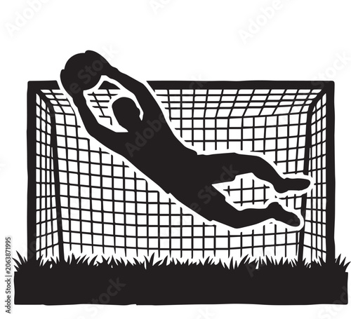 Dynamic silhouette of a soccer goalkeeper executing a dramatic save, showcasing peak athletic performance and intense sporting action on the pitch during a match