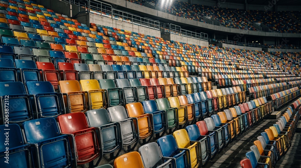 Fototapeta premium High angle view of empty colorful mosaic plastic seats in rows inside a massive sports stadium arena at night 