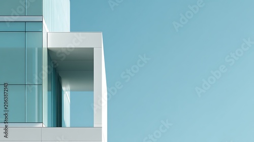 Modern architectural detail of a building against a clear blue sky.
