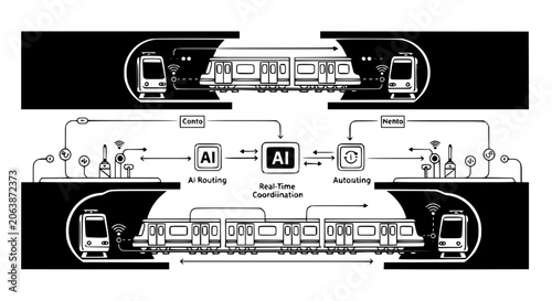Картината върху платно Artificial intelligence smart train routing and real time automated subway tunne