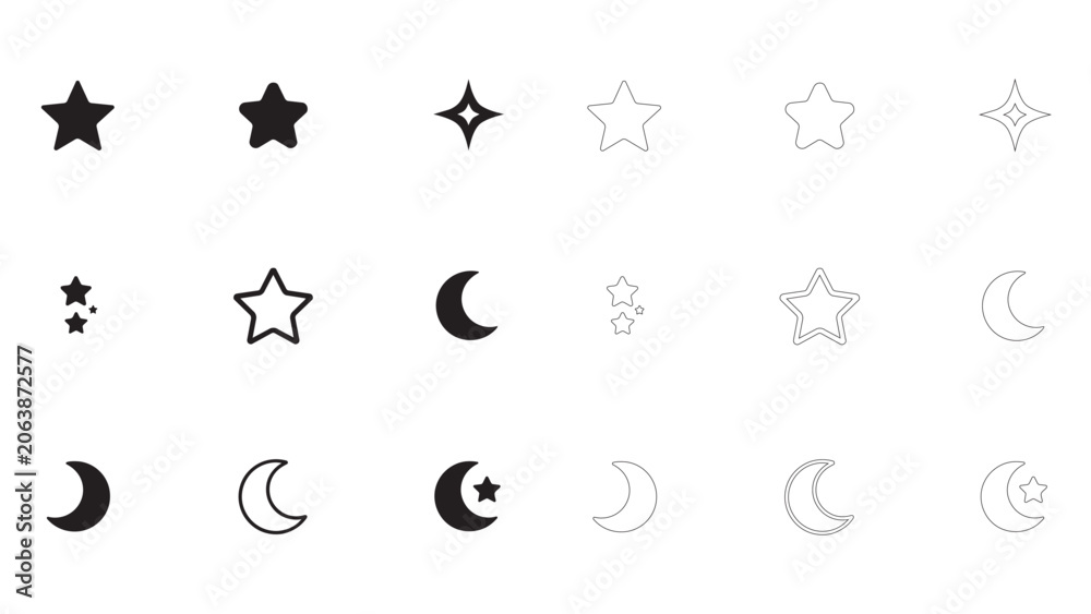 Fototapeta premium Graphic set of moon and star celestial objects isolated on a light transparent background.