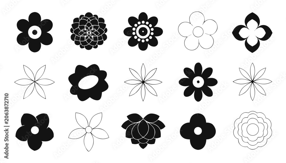Fototapeta premium Black and white floral silhouette set of flowers vector pattern design ornament decoration nature illustration seamless icon collection mandala style tattoo art shapes