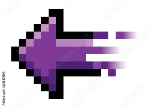 Purple pixel art speed arrow, retro motion cursor icon