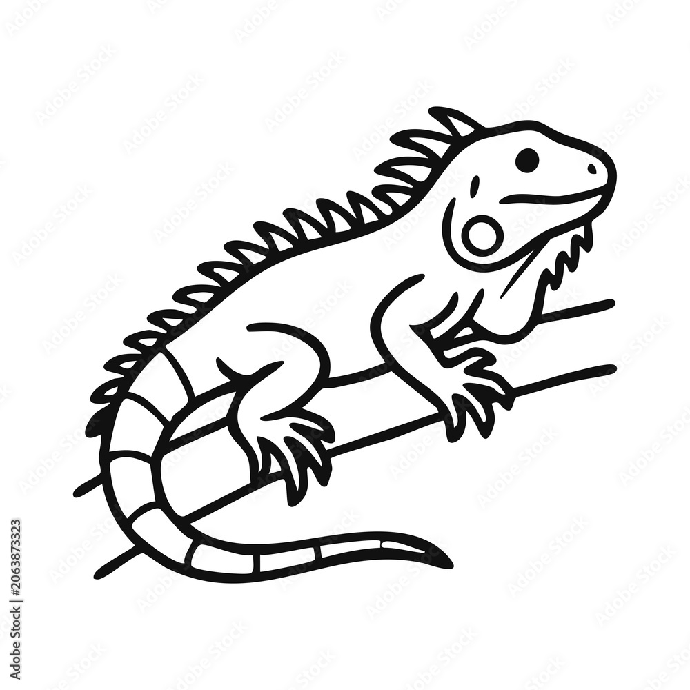Obraz premium Cute Iguana Lizard Sitting on Branch Line Art Icon for Exotic Nature Wildlife Logo and Kids Coloring Book