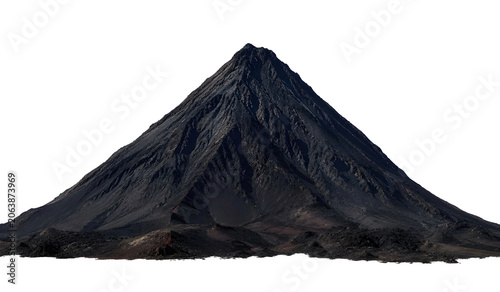 Majestic Black Volcanic Mountain Peak Isolated on White Background, Dramatic Natural Landscape Rock Formation