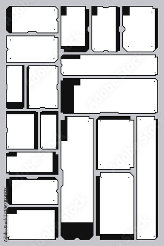 Wireframe of an Empty Blank Layout Outline Template for a Retro Futuristic Industrial Label Frame UI