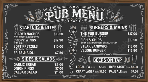 Chalkboard pub menu, restaurant food list, drink prices, blackboard beer selection