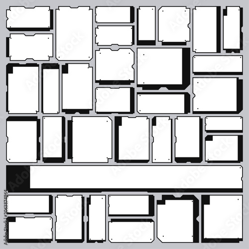 Layout Outline Wireframe of an Empty Blank Template for a Retro Futuristic Industrial Label Frame UI