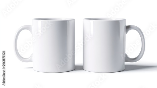 Two white ceramic coffee mugs on a plain background