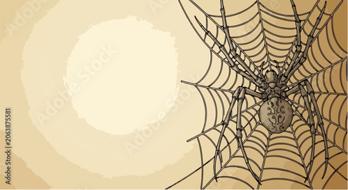 Intricate Spiderweb with a Large Spider in the Center Beige Background.