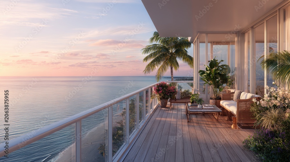Fototapeta premium Sunlit Seaside Balcony Overlooking Calm Blue Water