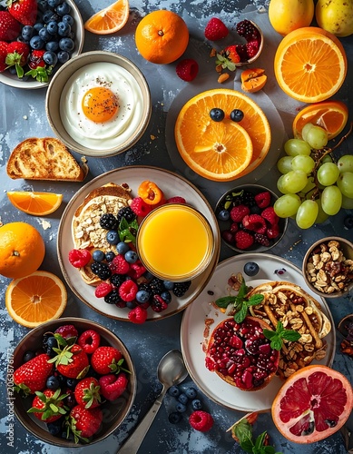 A vibrant spread of fresh fruits and breakfast foods on a table
