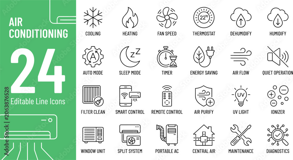 Fototapeta premium Flat design vector illustration of HVAC maintenance tips with 24-hour cooling system icons and temperature settings on green background.