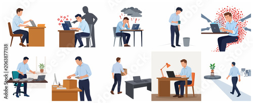 Vector illustration set of man experiencing work stress, burnout, and toxic workplace environment