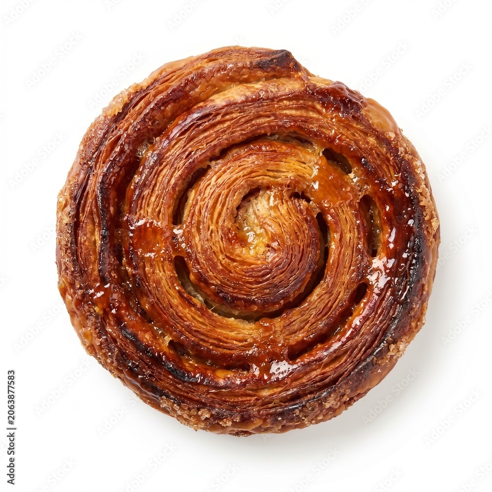 Fototapeta premium Freshly baked caramelized flaky kouign amann pastry isolated on white background, top view