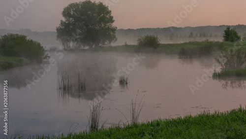 Fotografie a tranquil landscape of a misty river at dawn
