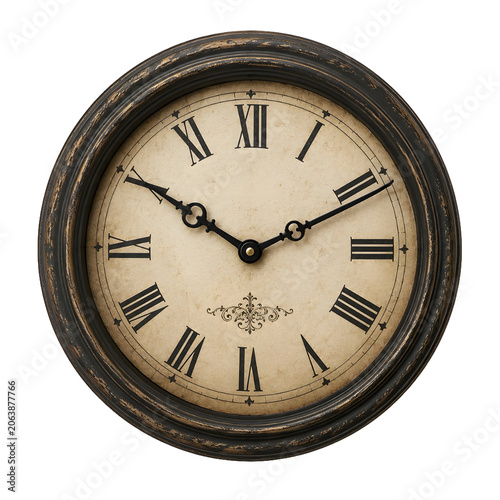 Vintage Round Wall Clock with Roman Numerals Isolated on White Background, Classic Timepiece