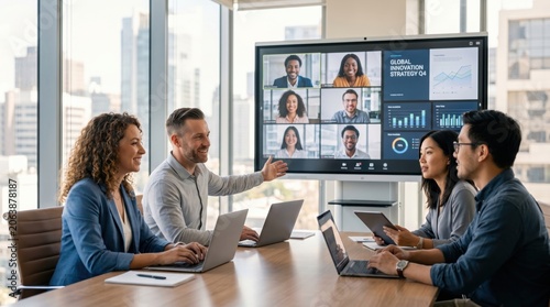 Diverse business team in hybrid meeting, remote workers on screen discussing global innovation strategy Q4 charts, corporate office collaboration concept