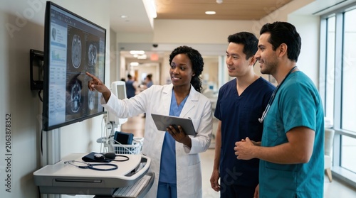 Diverse medical team of doctors reviewing brain MRI scan results on monitor in hospital corridor