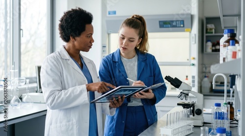 Two female scientists in laboratory coats analyzing research data on tablet computer, working with microscope and chemical bottles in medical science lab.