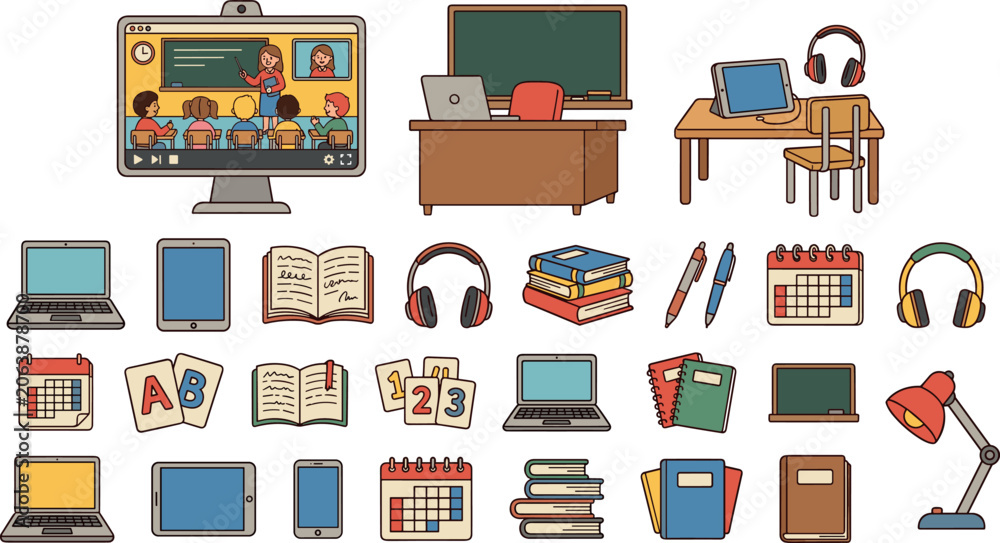 Fototapeta premium Digital education and online school vector icon set featuring virtual classroom interface study desks laptops and learning materials