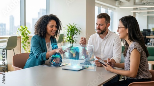 Creative business team analyzing holographic global map and charts on futuristic interface, discussing international strategy and market trends together
