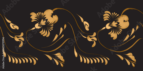 Vector floral border seamless pattern from golden marigold flowers on a black background