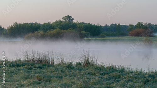 Tablou pe pânză A serene landscape showing a misty lake at dawn, with thick fog hovering over the water and lush green trees