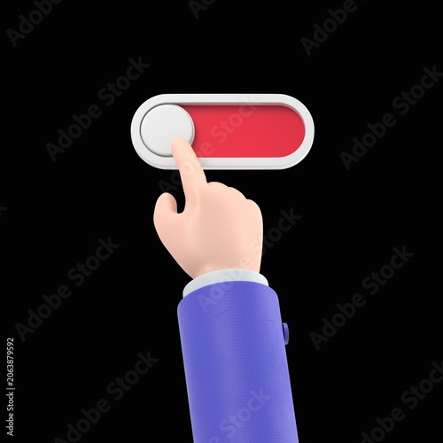 Cartoon Gesture Icon Mockup.3d render,cartoon character hand touches slider button,slide bar,on off switcher icon.3D rendering on black Screen for footage and clipping path.