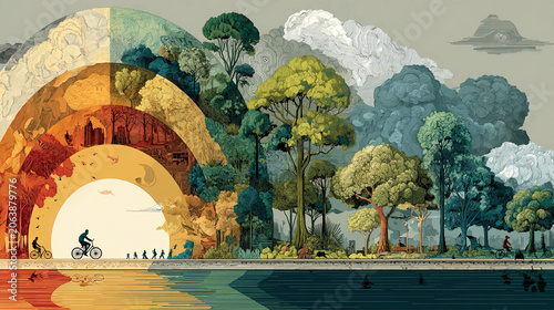 Conceptual artwork illustrating climate change cycle environmental transformation resilience adaptation strategies and sustainability challenges faced by ecosystems globally
