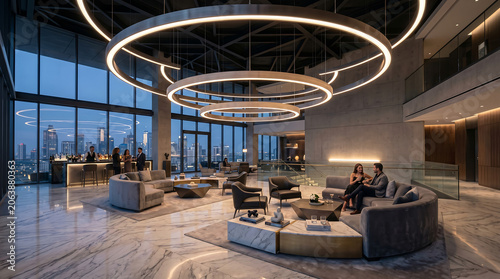 Sophisticated luxury penthouse lounge with circular halo lighting and panoramic city views at dusk.