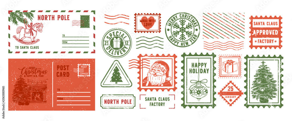 Fototapeta premium Christmas stamp. Vintage holiday postcard sticker. Retro postage label with festive Santa Claus, snowflake, Christmas tree. Grunge texture mail postmark. Vector set