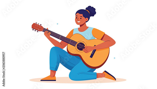 Woman playing acoustic guitar sitting.
