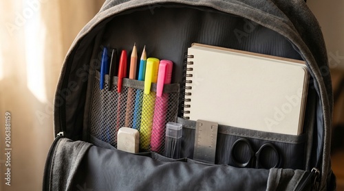 Close-up of essential school supplies including colorful pens, pencils, and a notebook organized in a grey backpack